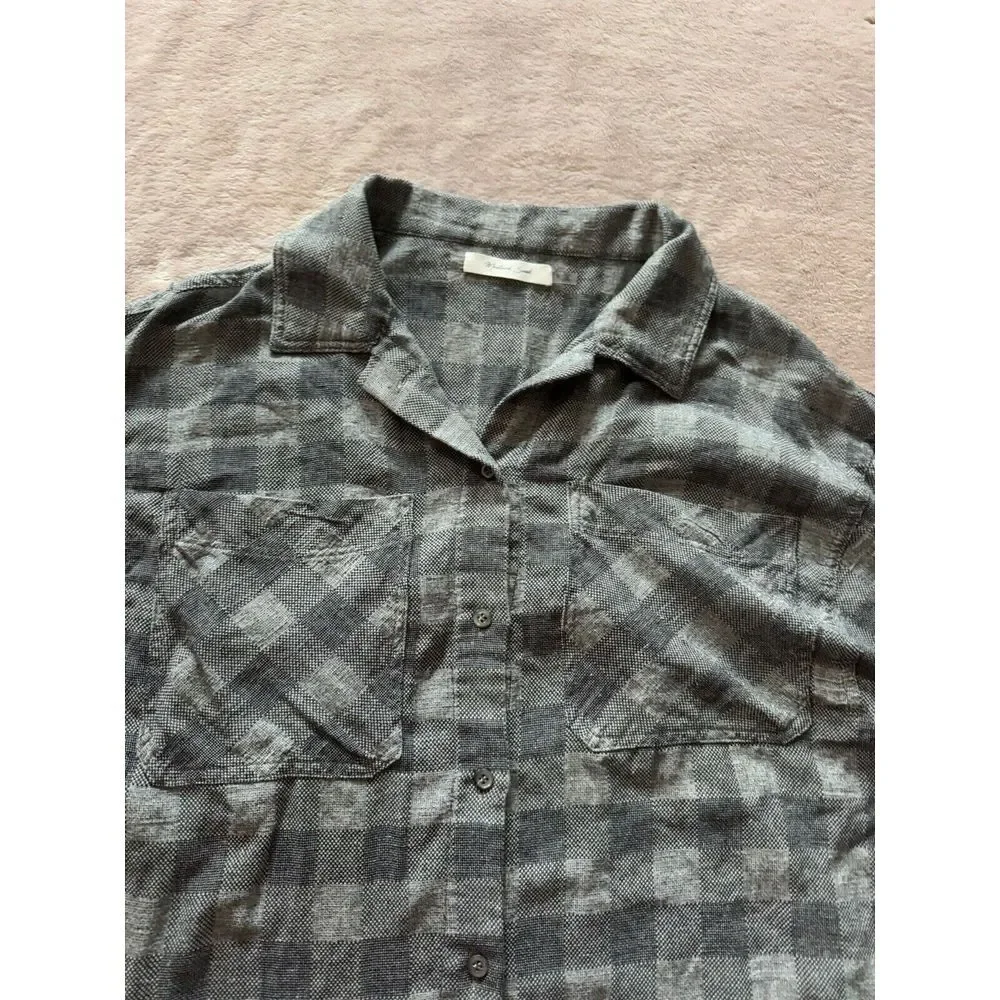 Mustard Seed Top Shirt Plaid Pull On Sleeve V‎ Neck Hi Low Hem Boho Sz S - Picture 3 of 10